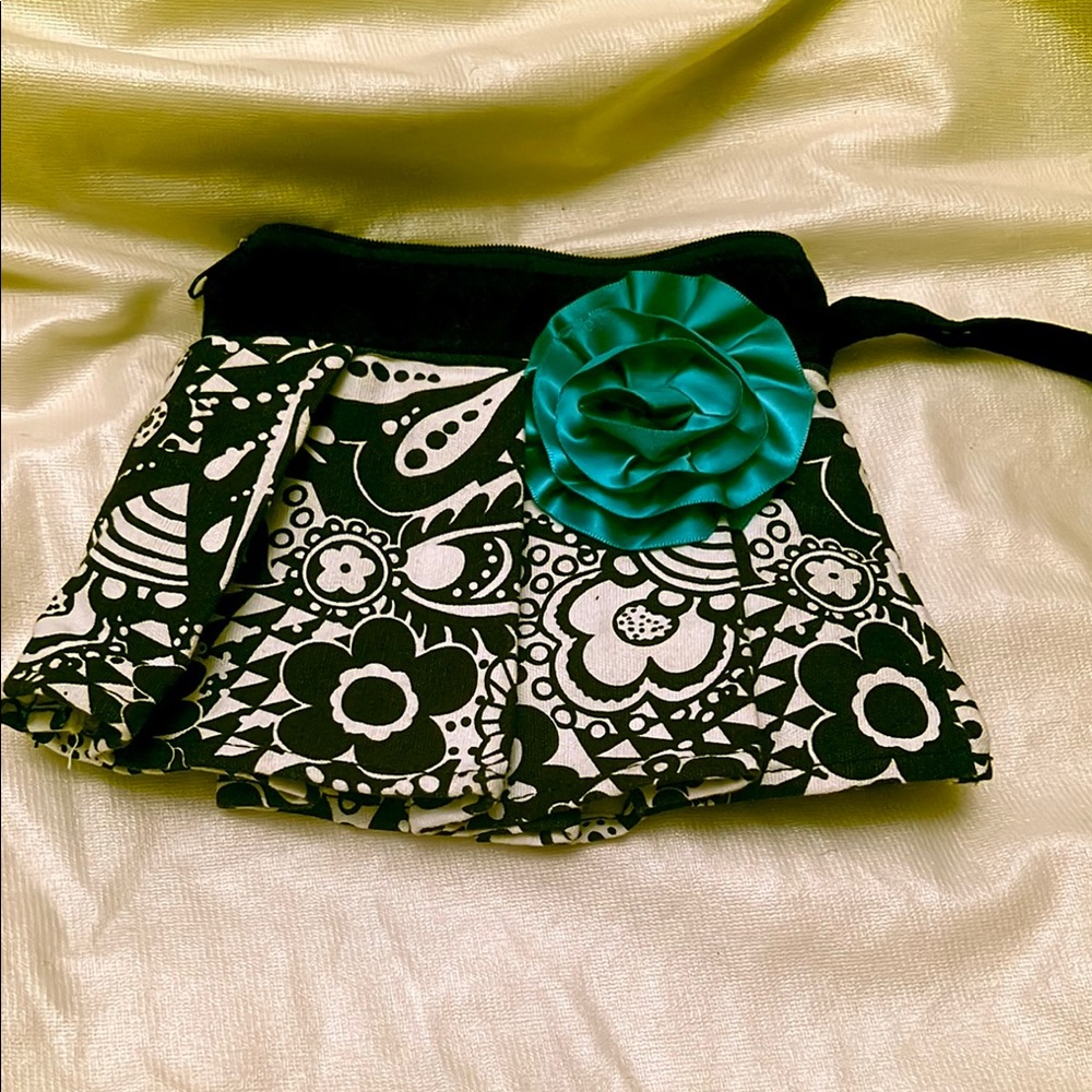 Ganga Skirt Floral Black and White Wristlet Change purse Teal Ribbon RoseAccent
